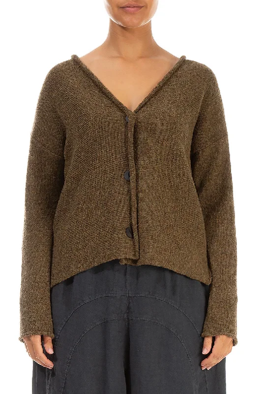 Buttoned Brown Wool Cardigan Handmade Hand-knitted Hand-woven