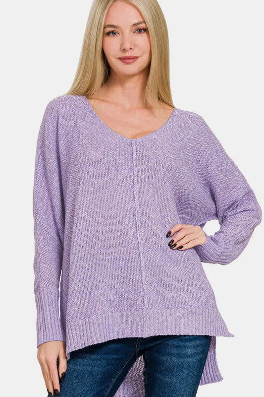 Zenana High-Low Center Seam V-Neck Sweater In Lavender Ribbed Striped Patterned