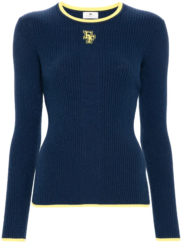 ELISABETTA FRANCHI LOGO-INTARSIA KNIT SWEATER Beaded Sweater Sequined Faux Fur