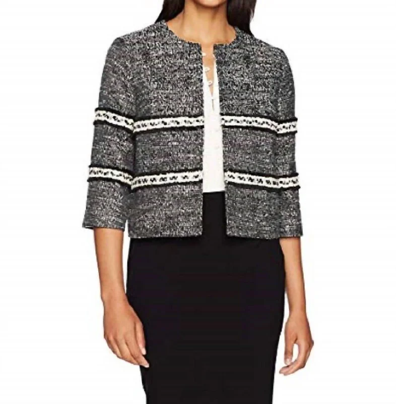 Cropped Tweed Open Front Blazer In White, Black Women's Navy Jacket