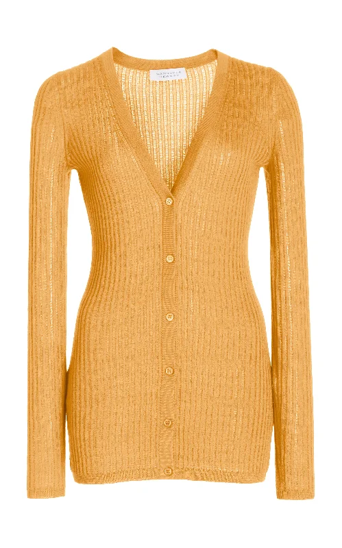 Homer Pointelle Knit Cardigan in Fluorescent Orange Cashmere Silk Soft Cozy Warm