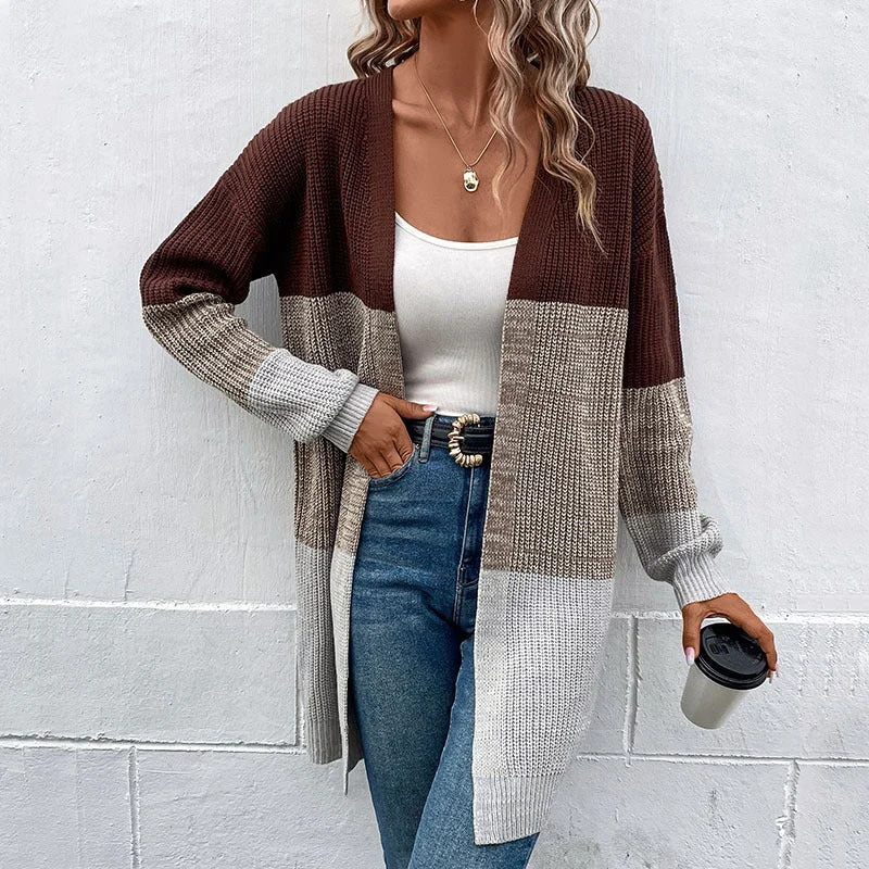 IKEARLAX 2025 knitted jacket New autumn and winter new design contrast color medium and long sweater cardigan women Terry Blend Velvet Blend Canvas Blend