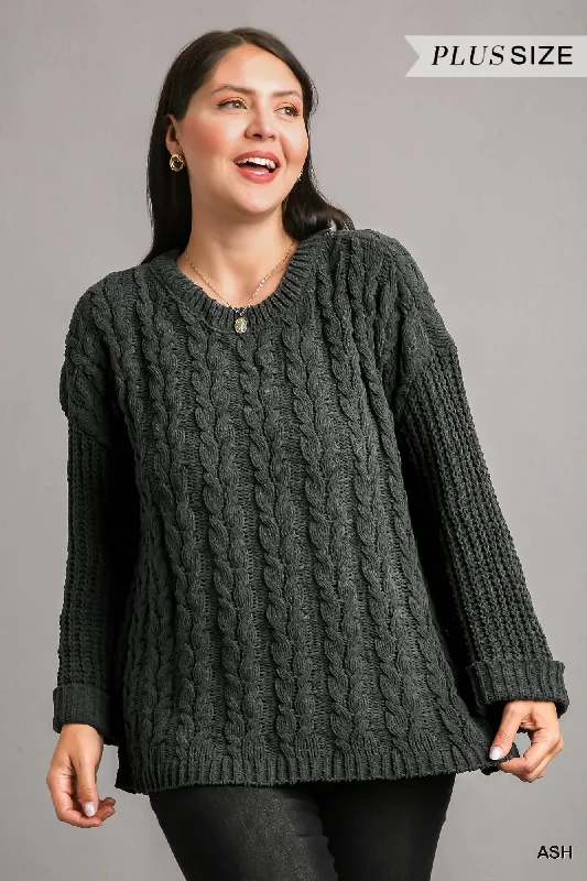 Cuff Long Sleeve Chenille Cable Knit Pullover Sweater Front Pockets Side Pockets Patch Pockets