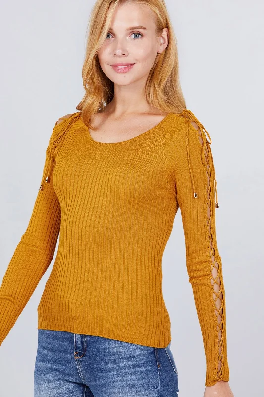 Long Sleeve W/strappy Detail Round Neck Rib Sweater Top Neon Metallic Matte