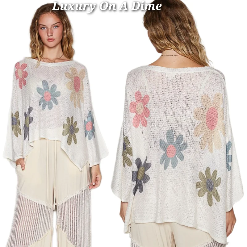 POL Daisy Colorful Retro Contrast Flower Top Oversized Shirt Pullover Knit Sweater Toggled Drawstring Belted POL Daisy Colorful Retro Contrast Flower Top Oversized Shirt Pullover Knit Sweater Toggled Drawstring Belted