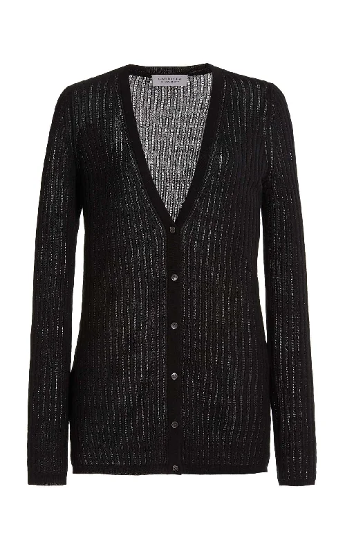 Emma Pointelle Knit Cardigan in Black Cashmere Silk Slim Fit Regular Fit Oversized