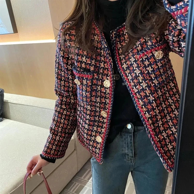 Elegant Weave Plaid Women Blazer Pocket Plus Velvet Winter Causal Tweed Coat Office Ladies Suit Jacket Women's Daily Blazer Elegant Weave Plaid Women Blazer Pocket Plus Velvet Winter Causal Tweed Coat Office Ladies Suit Jacket Women's Daily Blazer