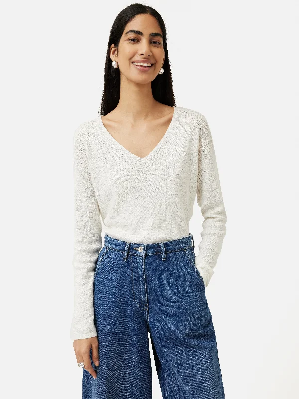 Linen Cotton V Neck Jumper | Ivory Houndstooth Herringbone Solid