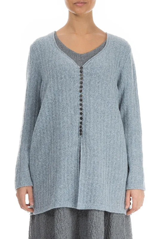 Arctic Blue Rib Knit Wool Cardigan Iron Safe Non-Iron Wrinkle Free