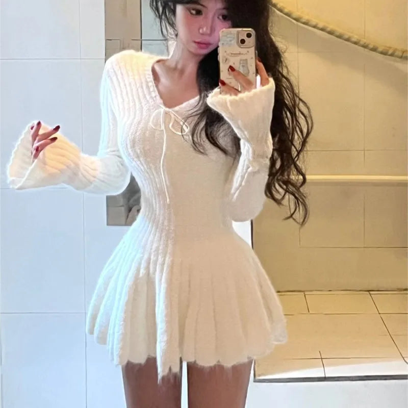 Wjczt Autumn Winter Sexy Elegant Knitted Dresses for Woman Y2K Harajuku Slim Sweater Dress New Solid Chic Mini Party Dress 2024 Bright Pastel Dark
