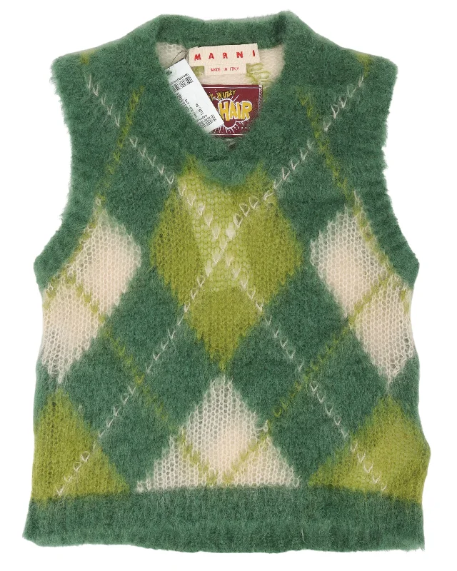 Diamond Plaid Fuzzy Mohair Sweater Vest Spandex Blend Rayon Blend Denim Blend