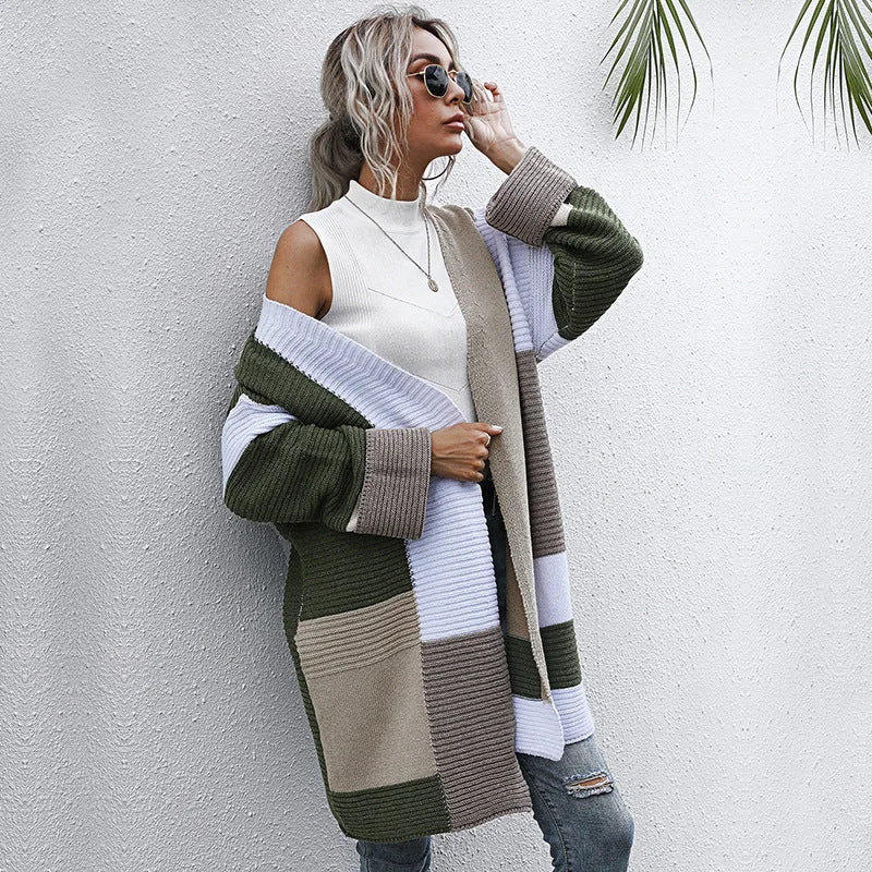 IKEARLAX New new autumn and winter fashion color matching knitted sweater medium and long 2025 lazy style  2025 trade cardigan jacket women Herringbone Houndstooth Plaid