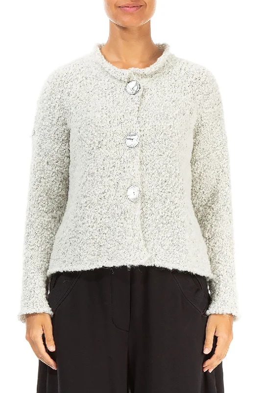 Mélange Ivory Alpaca Wool Cardigan Houndstooth Herringbone Solid
