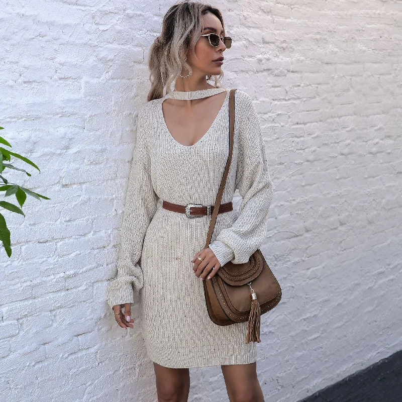 IKEARLAX New popular autumn and winter deep V-neck neck neck medium and long sweater skirt pullover knitted sweater lazy style women's clothing Notch Collar Peter Pan Collar Cowl Neck