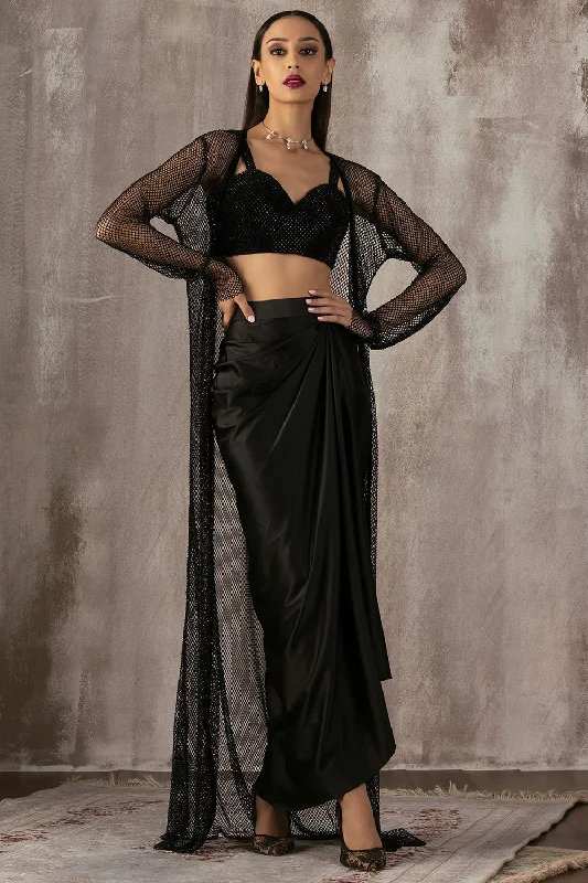 Black Drape Dhoti Skirt & Jacket Set V-Neck Jacket Boat Neck Jacket Square Neck Jacket