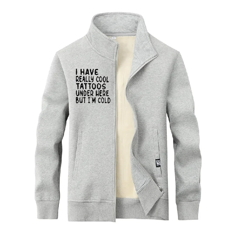 Multicolor I Have Really Cool Tattoos Fleece Stand Collar Zip Cardigan Casual Formal Business