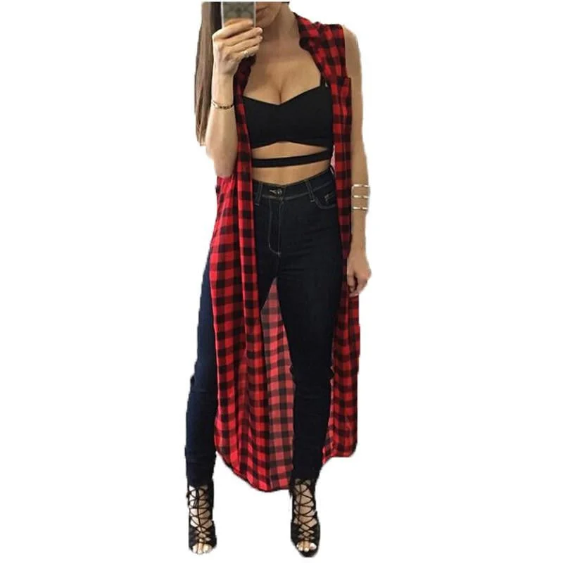 Women Casual Loose Long Plaid Blouses Sleeveless Split Shirts Lapel Tops Cardigan Coats Slim Fit Regular Fit Oversized