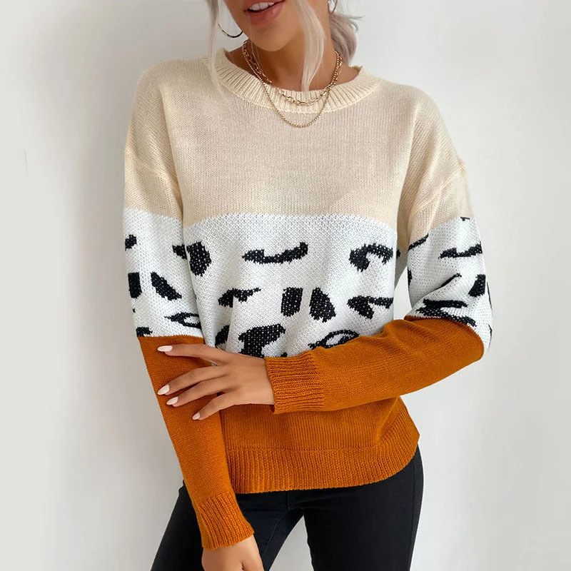 IKEARLAX New Popular trade popular autumn new 2025 women's clothing long-sleeved leopard print contrasting knitted sweater color matching Mesh Fabric Canvas Fabric Denim Fabric