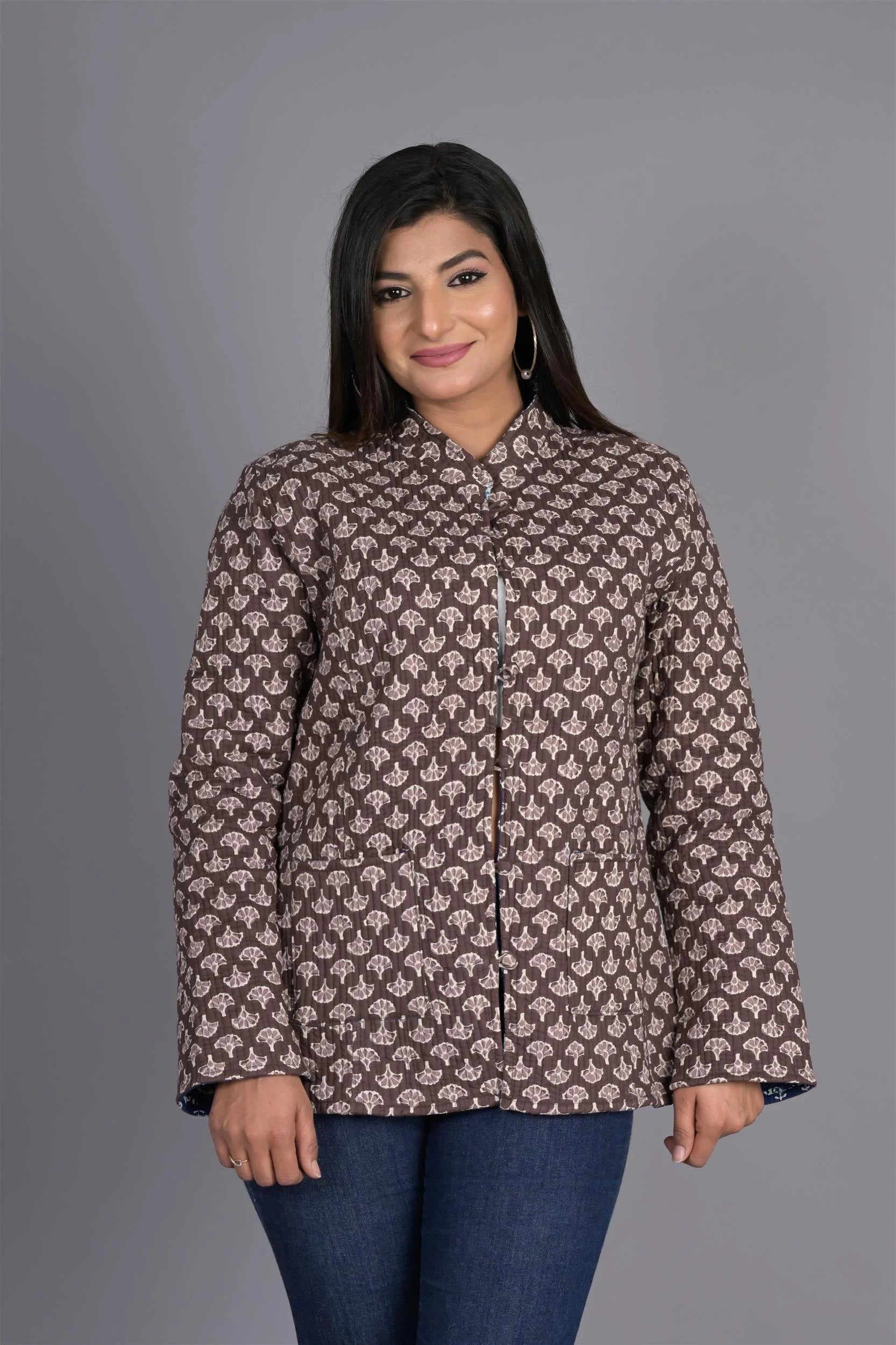 Winter Reversible Brown & Blue Jaipuri Cotton Quilted Jackets For Women Lace Jacket Ribbed Jacket Sequined Jacket