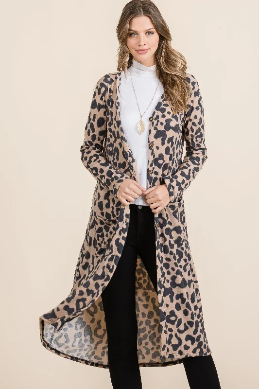 Celeste Full Size Leopard V-Neck Long Sleeve Cardigan Wool Cardigan Cotton Cardigan Cashmere Cardigan