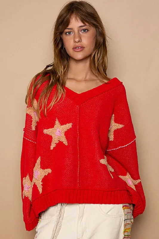 POL Long Sleeve Star Patch Sweater Iron Safe Non-Iron Wrinkle Free