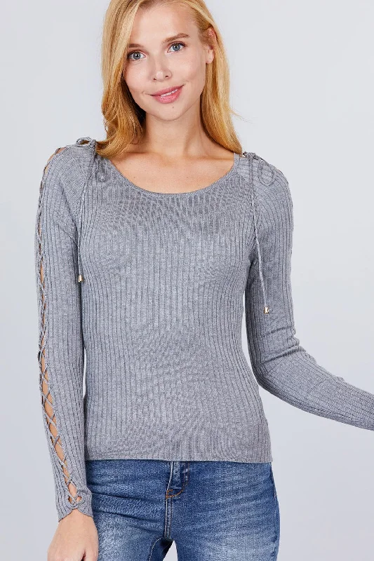 Long Sleeve W/strappy Detail Round Neck Rib Sweater Top Bright Pastel Dark
