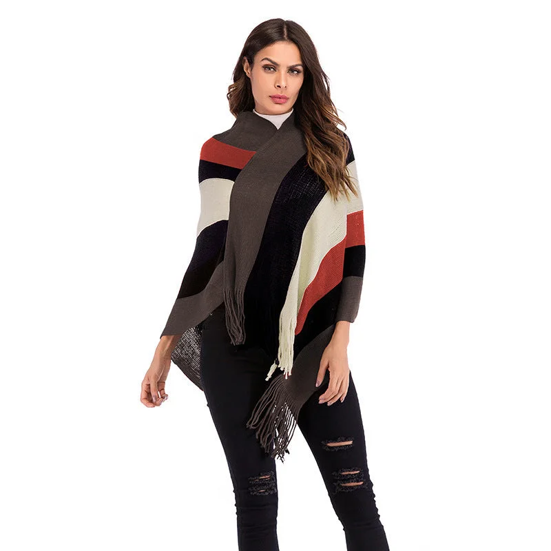 IKEARLAX Contrasting color striped knitted sweater women's clothing popular new fashion versatile irregular fringed loose pullover shawl Iron Safe Non-Iron Wrinkle Free