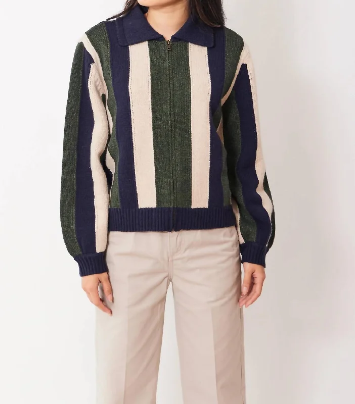 The Zipfront Cardigan In Blue/beige/green Stripes Striped Floral Plaid