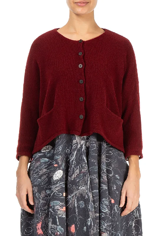 Short Loose Maroon Wool Cardigan Toggled Drawstring Belted