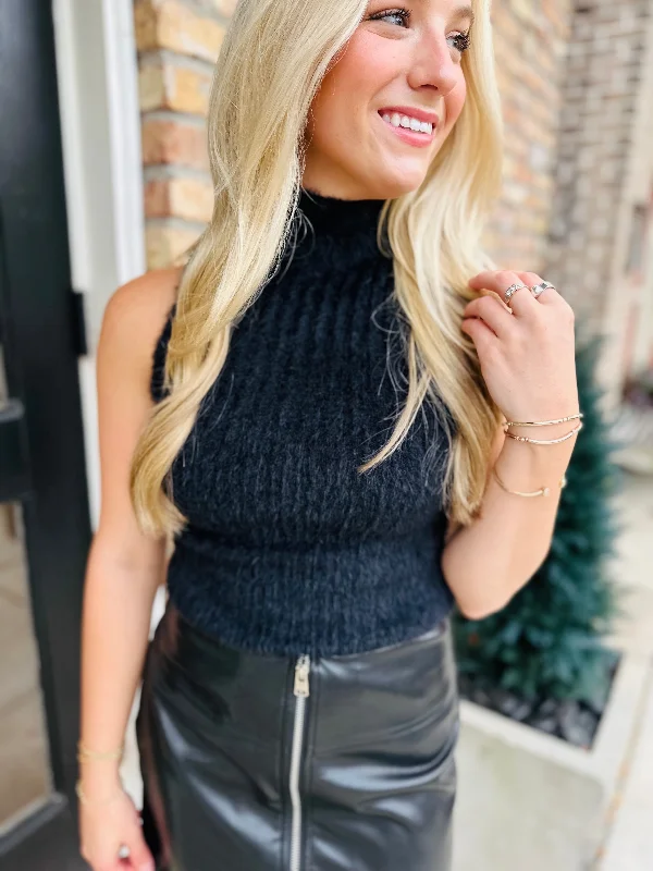 Fuzzy Sweater Tank-Black Casual Formal Business
