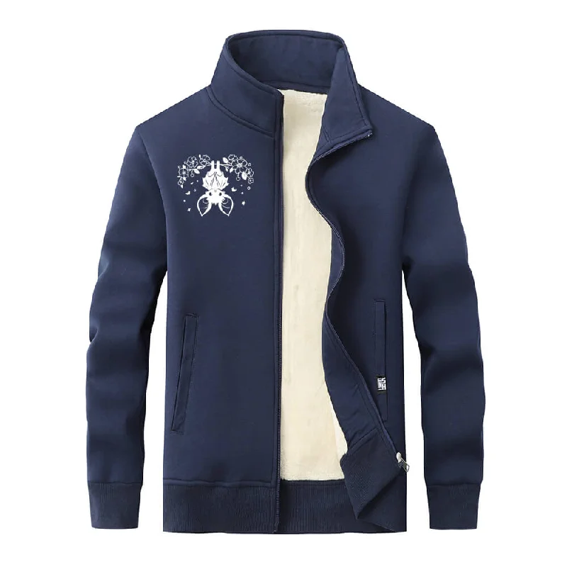 Flower Bat Print Stand Collar Zip Fleece Sherpa Cardigan Cardigan Knitwear Sweater
