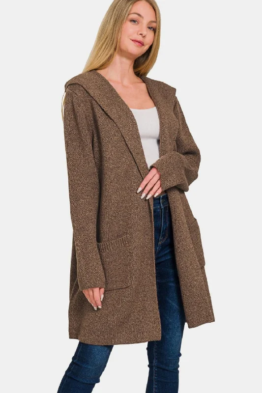 Zenana Hooded Open Front Sweater Cardigan Elegant Classic Vintage