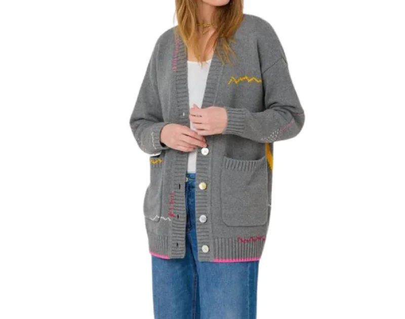 Poppy Cardigan Smiley In Grey Patchwork Embroidered Appliqued