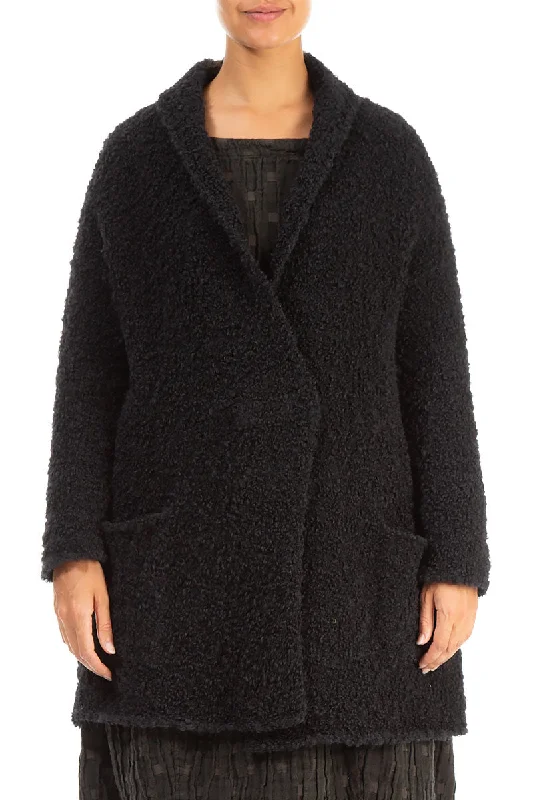 Side Pockets Black Alpaca Wool Cardigan Iron Safe Non-Iron Wrinkle Free