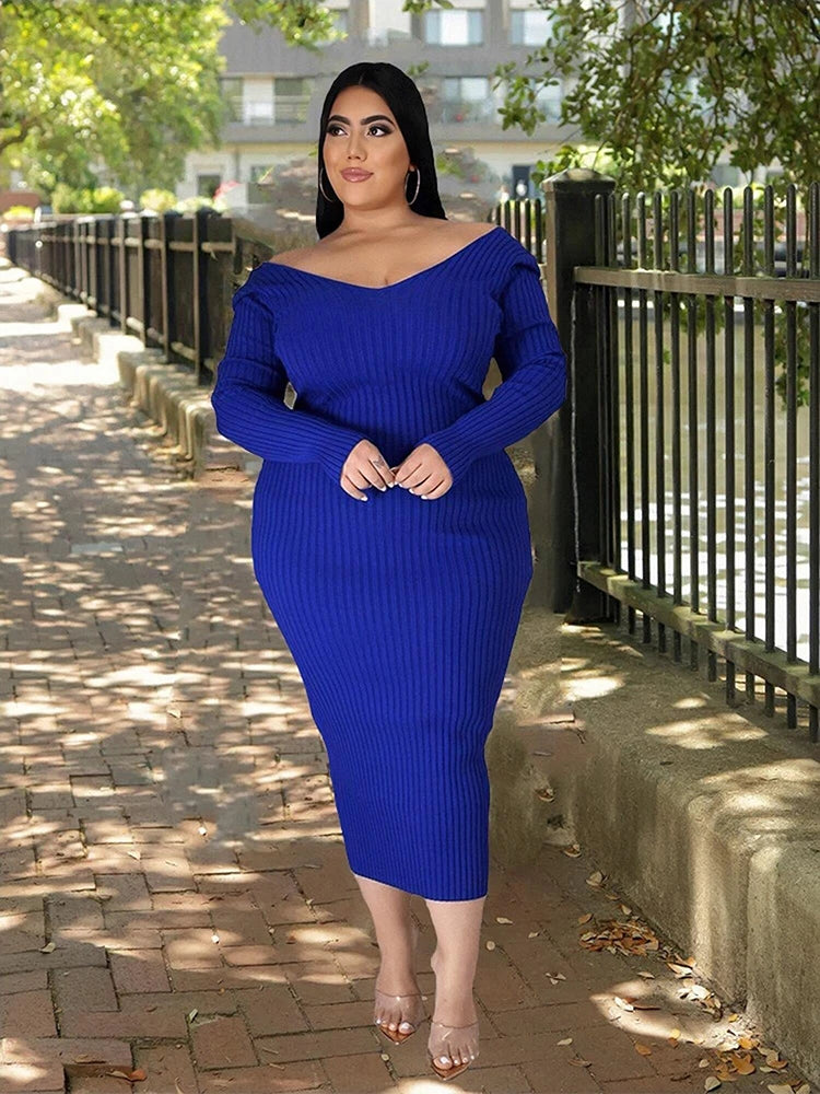 Wjczt Ladies Knitted Sweater Dress Midi Dress Long Sleeves Chic and Elegant Plus Size Dresses for Women 4xl 5xl Wholesale Dropshipping Lace Blend Ribbed Blend Corduroy Blend