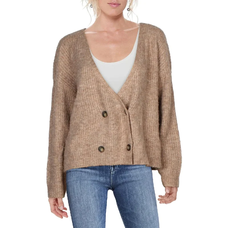 Jamison Womens V Neck Double Breasted Cardigan Sweater Faux Fur Fabric Real Fur Fabric Shearling Fabric