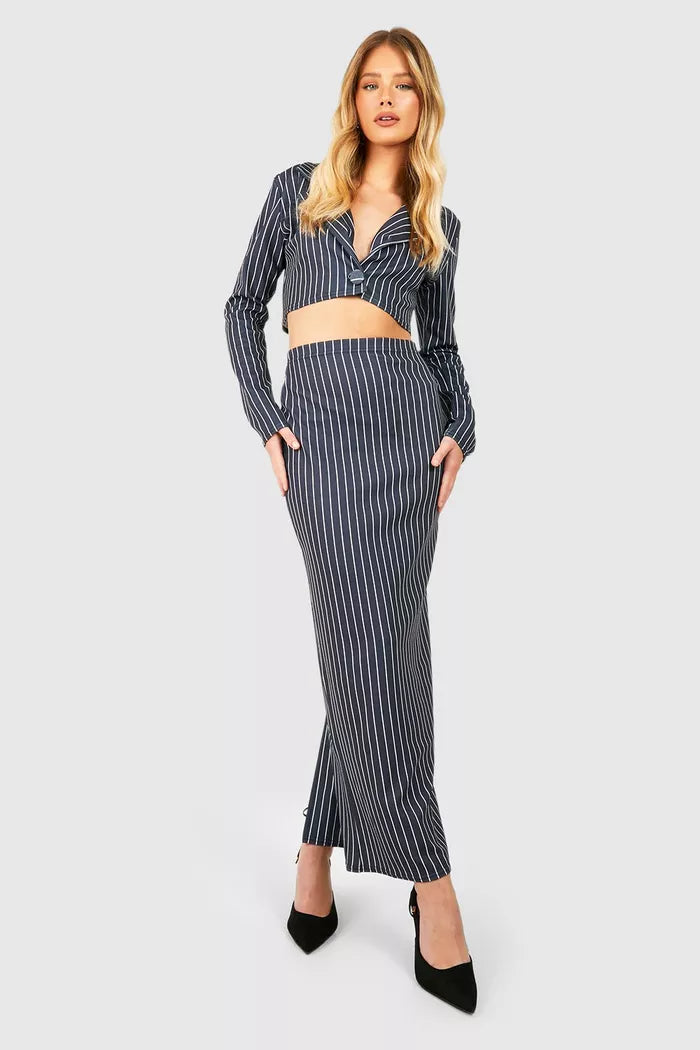 Crepe Pinstripe Boxy Blazer & Split Back Column Maxi Women's Vintage Suit