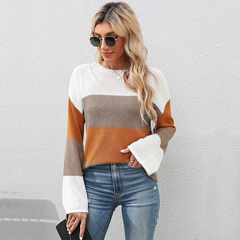 IKEARLAX Cross-border  New autumn and winter new casual 2025 women's clothing crew neck striped color matching loose knitted sweater Stylish Fashionable Trendy