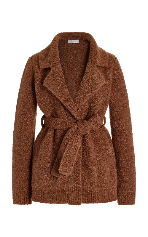 Coles Knit Cardigan in Cognac Cashmere Silk Boucle Open Front Closed Front Wrap Front