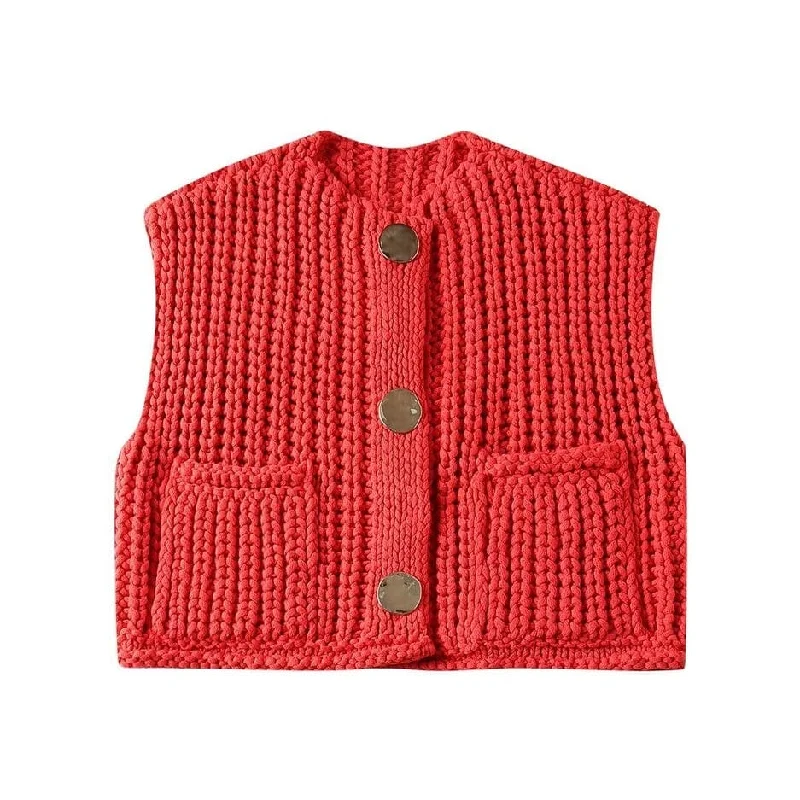 Rosa Clothing Knit Cardigan Gilet With Pocket in Red Solid Color Striped Floral Print