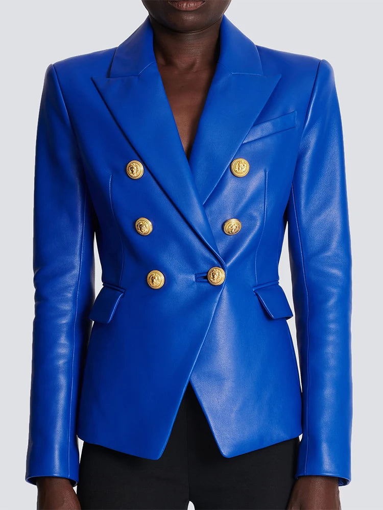 Jacket Women's Double Breasted Lion Buttons Slim Fitting Faux Leather Blazer Women's Custom Suit Jacket Women's Double Breasted Lion Buttons Slim Fitting Faux Leather Blazer Women's Custom Suit