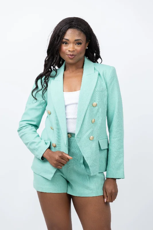 L'AGENCE Kenzie Double Breasted Blazer in Seafoam Women's Denim Suit