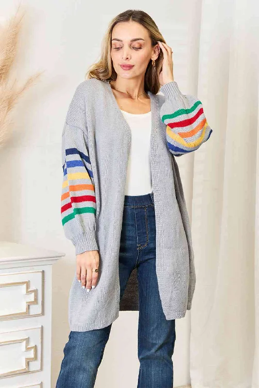 Double Take Multicolored Stripe Open Front Longline Cardigan Crew Neck V-Neck Turtle Neck