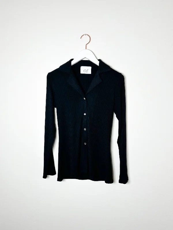 dal the label - Rib Knit Collared Cardigan - Black Silk Blend Satin Velvet