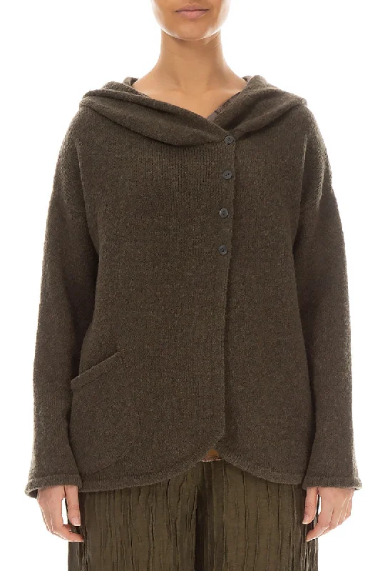 Hooded Khaki Wool Cardigan Striped Floral Plaid
