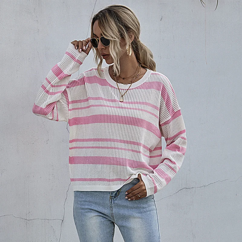 IKEARLAX cross-border 2025 trade New early autumn pink pullover round neck striped knitted sweater women's casual pullover Striped Floral Plaid