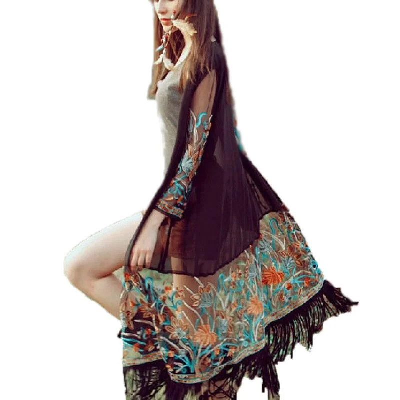 Women Vintage Boho Floral Tassel Beach Cover Up Tops Chiffon Blouse Shirts Long Cardigan Open Front Closed Front Wrap Front