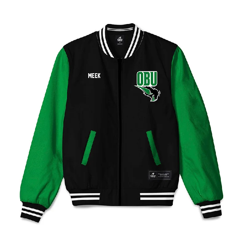 OKBU - NCAA Women's Track & Field : Savanna Meek - Bomber Jacket Denim Fabric Leather Fabric Suede Fabric