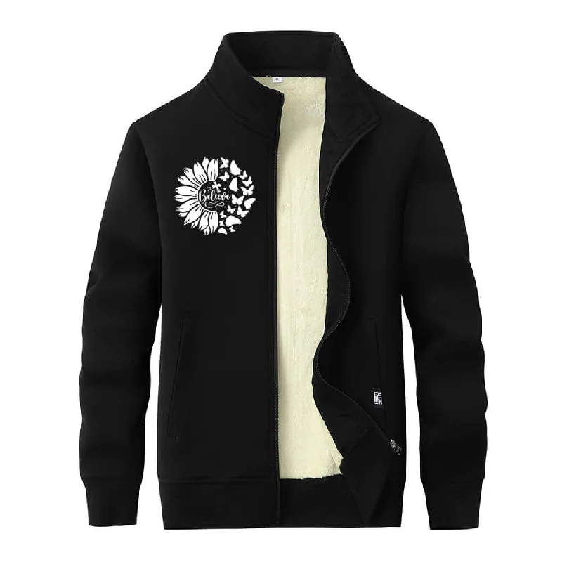 Flower Butterfly Believe Cross Stand Collar Zip Fleece Cardigan Zippered Buttoned Snapped Flower Butterfly Believe Cross Stand Collar Zip Fleece Cardigan Zippered Buttoned Snapped
