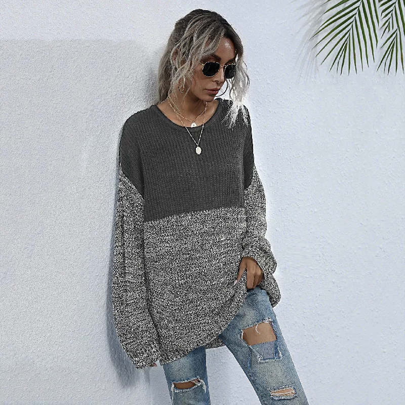 IKEARLAX  Popular, 2025 and popular new autumn and winter medium and long sweaters loose round neck pullover lazy wind contrasting color knitted sweater women Jersey Fabric Tulle Fabric Batik Fabric